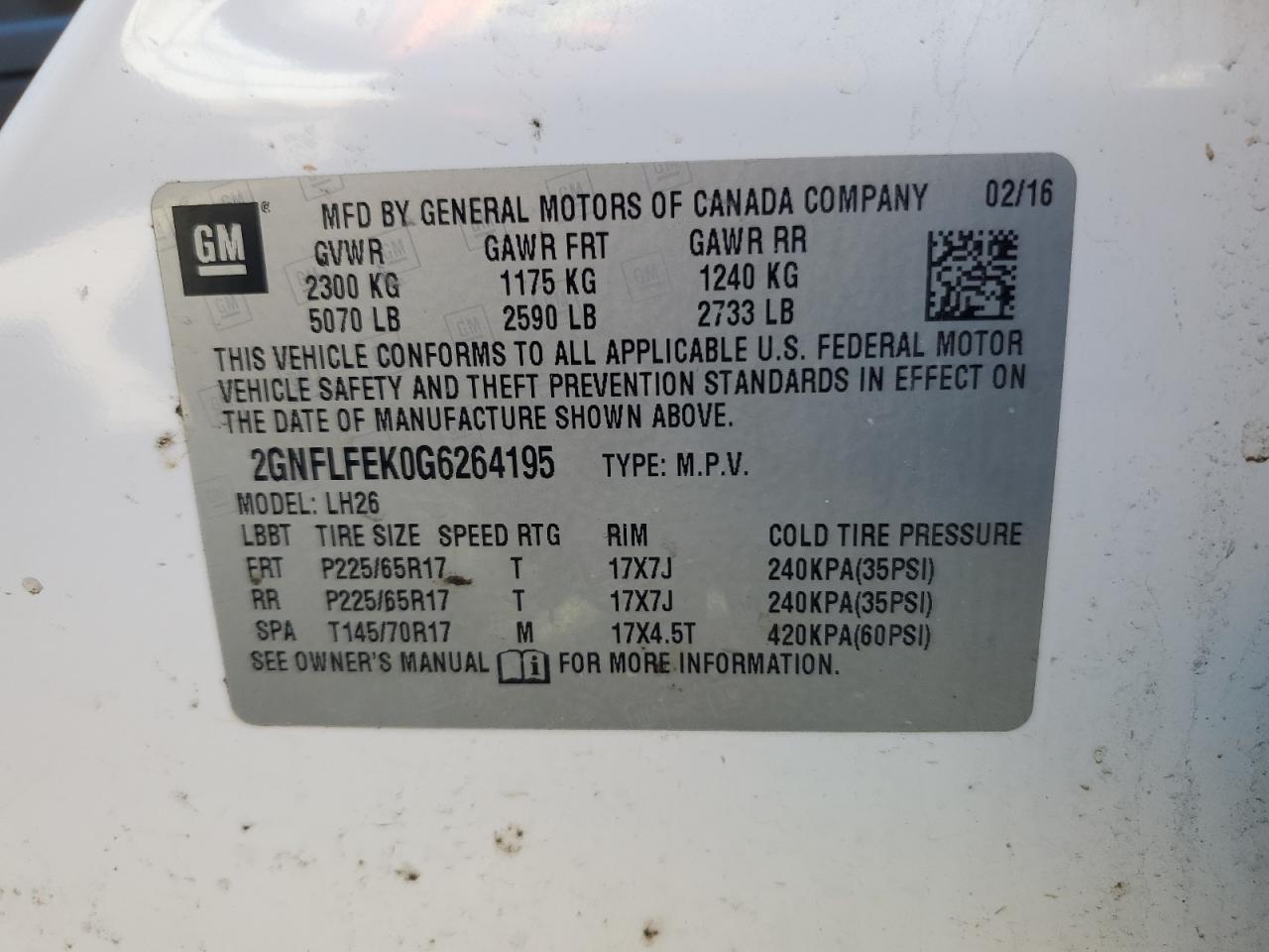 2016 Chevrolet Equinox Lt VIN: 2GNFLFEK0G6264195 Lot: 81893805