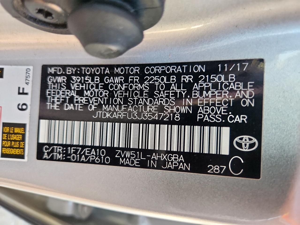 2018 Toyota Prius VIN: JTDKARFU3J3547218 Lot: 81081495