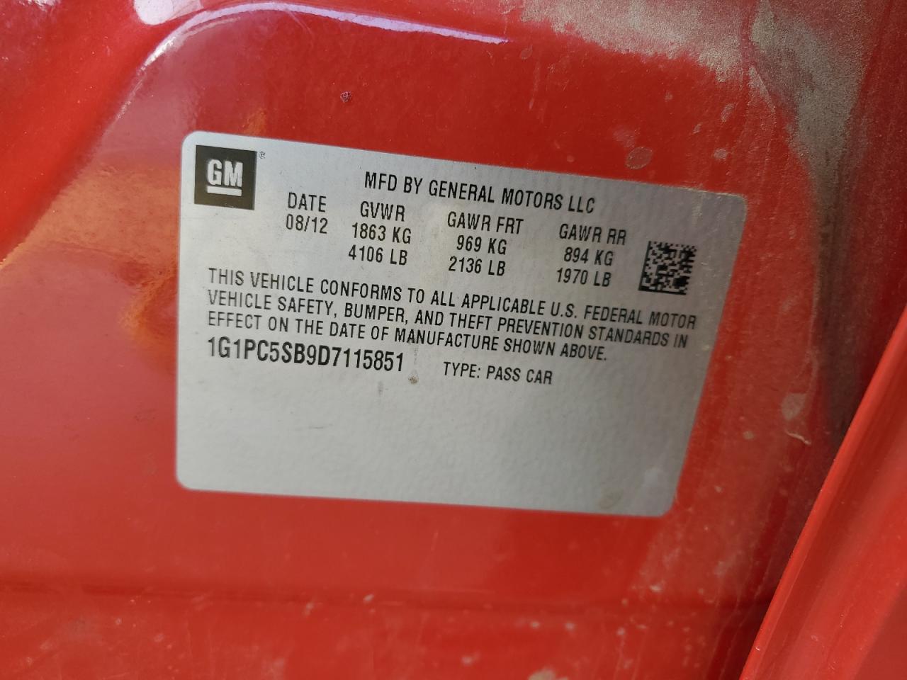 2013 Chevrolet Cruze Lt VIN: 1G1PC5SB9D7115851 Lot: 81150625