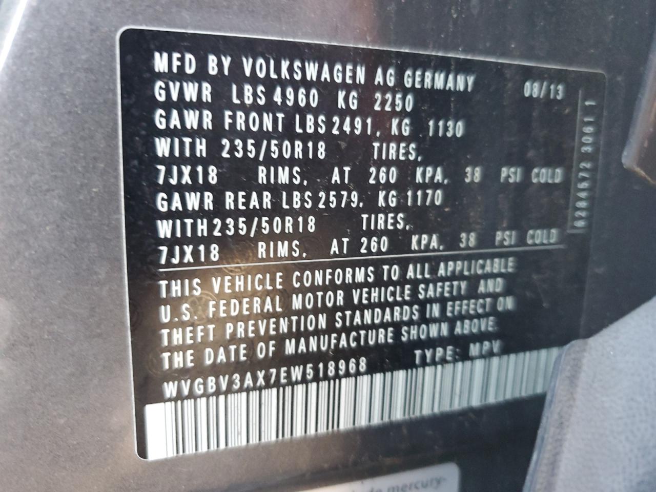 2014 Volkswagen Tiguan S VIN: WVGBV3AX7EW518968 Lot: 81454925