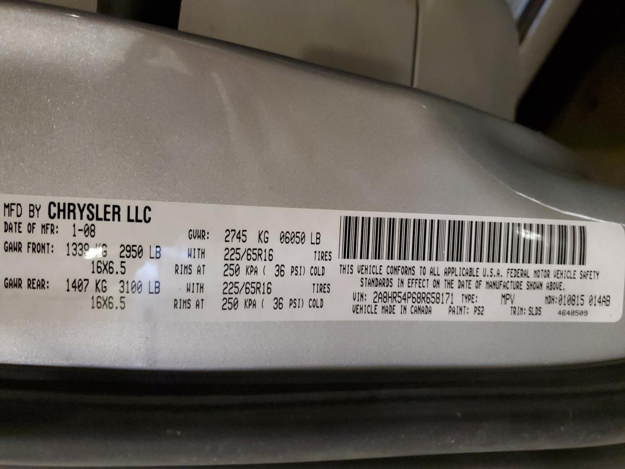 2008 Chrysler Town & Country Touring VIN: 2A8HR54P68R658171 Lot: 81766905