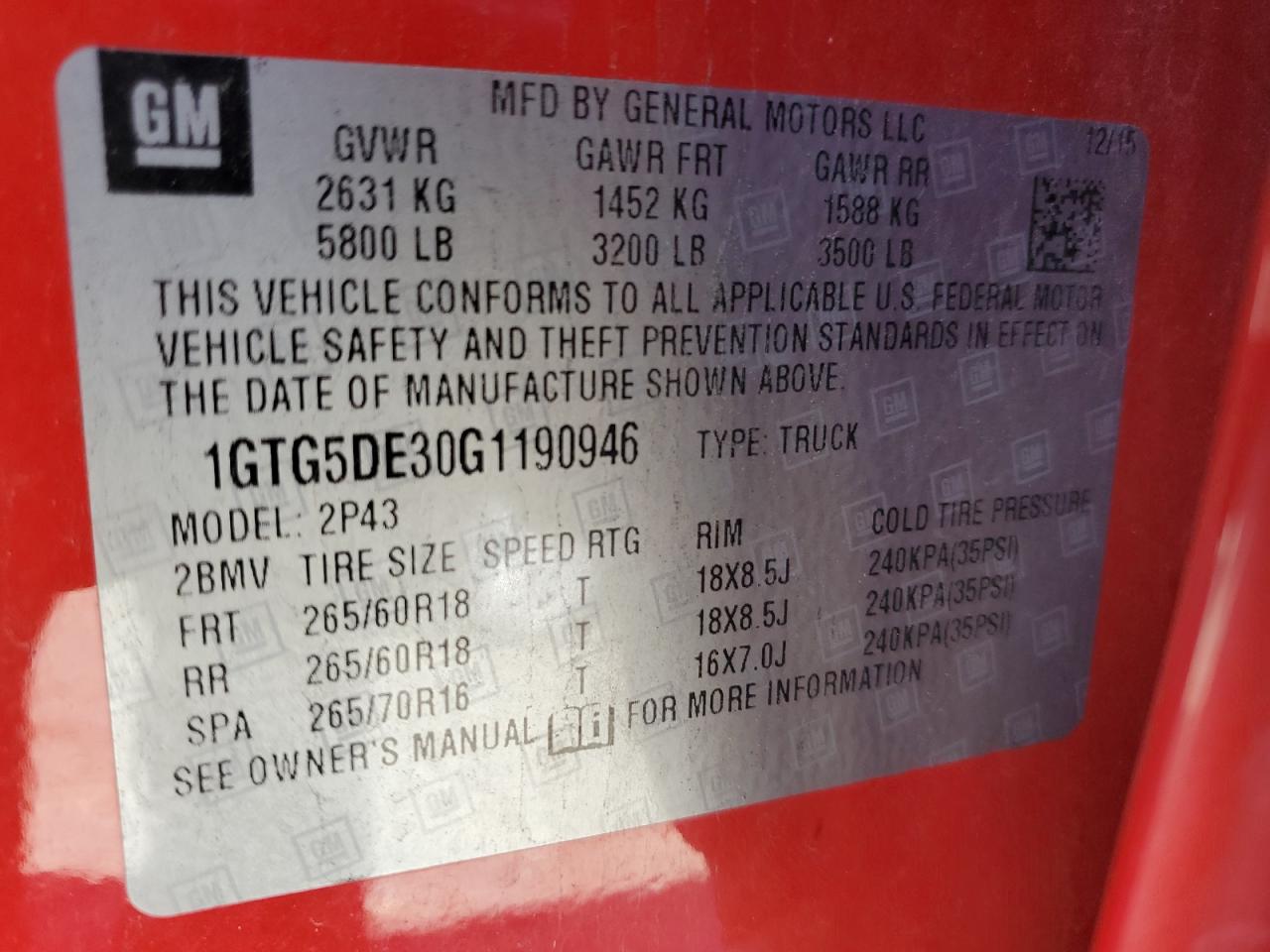 2016 GMC Canyon Slt VIN: 1GTG5DE30G1190946 Lot: 81697995