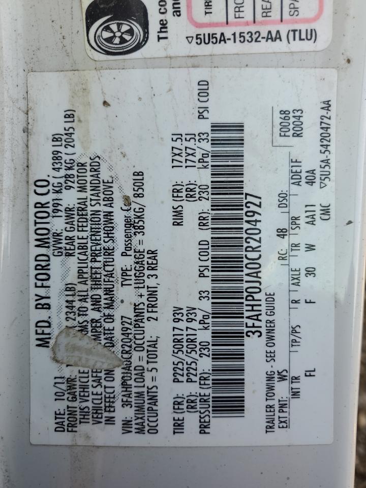 2012 Ford Fusion Sel VIN: 3FAHP0JA0CR204927 Lot: 84767345