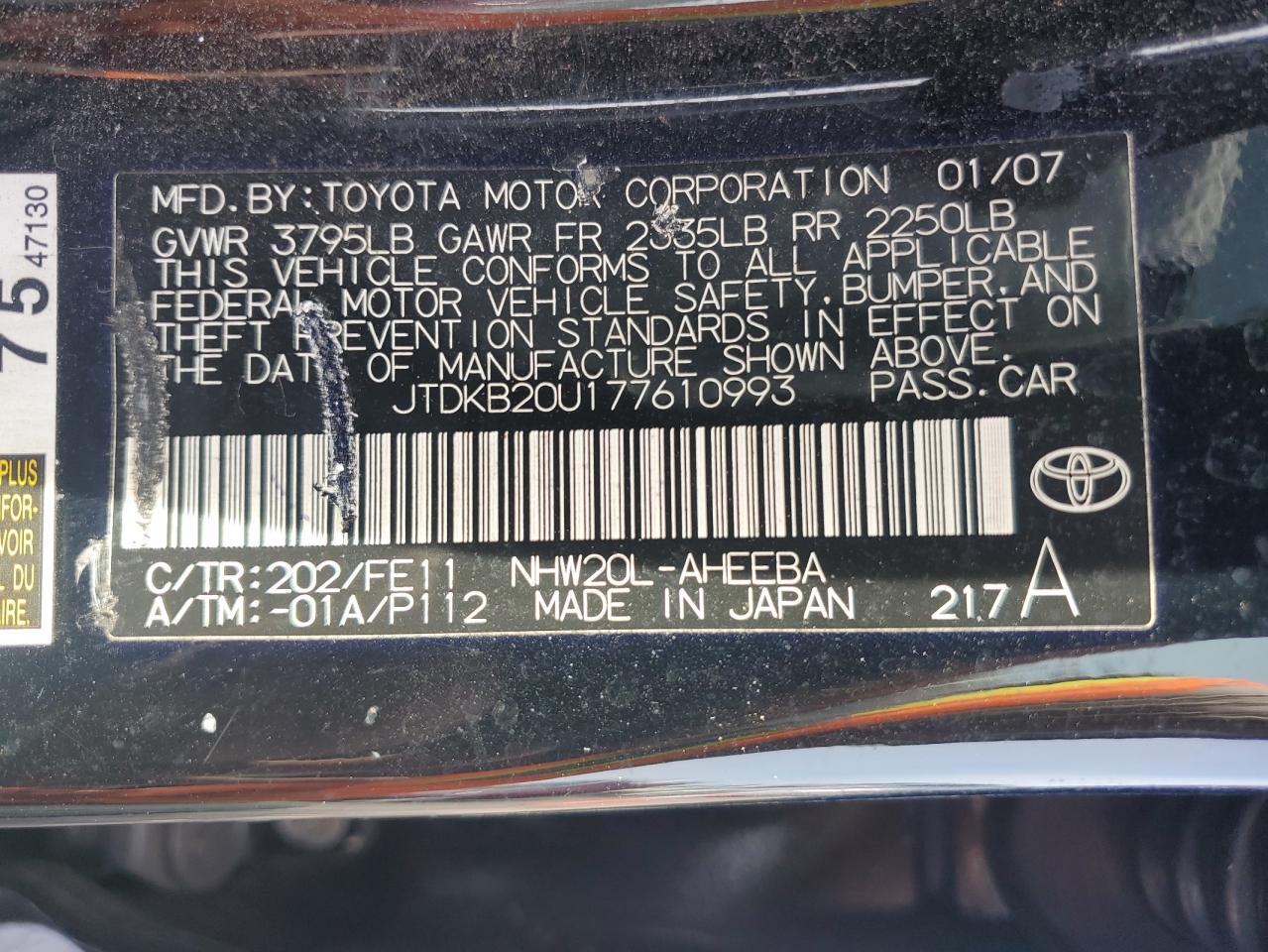 2007 Toyota Prius VIN: JTDKB20U177610993 Lot: 84748925