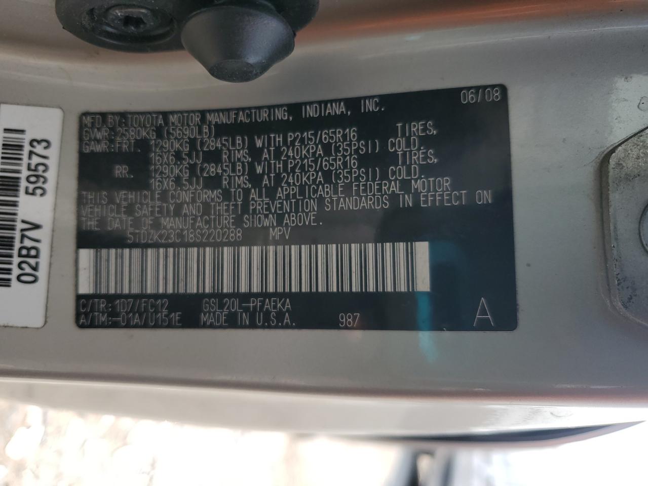 2008 Toyota Sienna Ce VIN: 5TDZK23C18S220288 Lot: 71872865