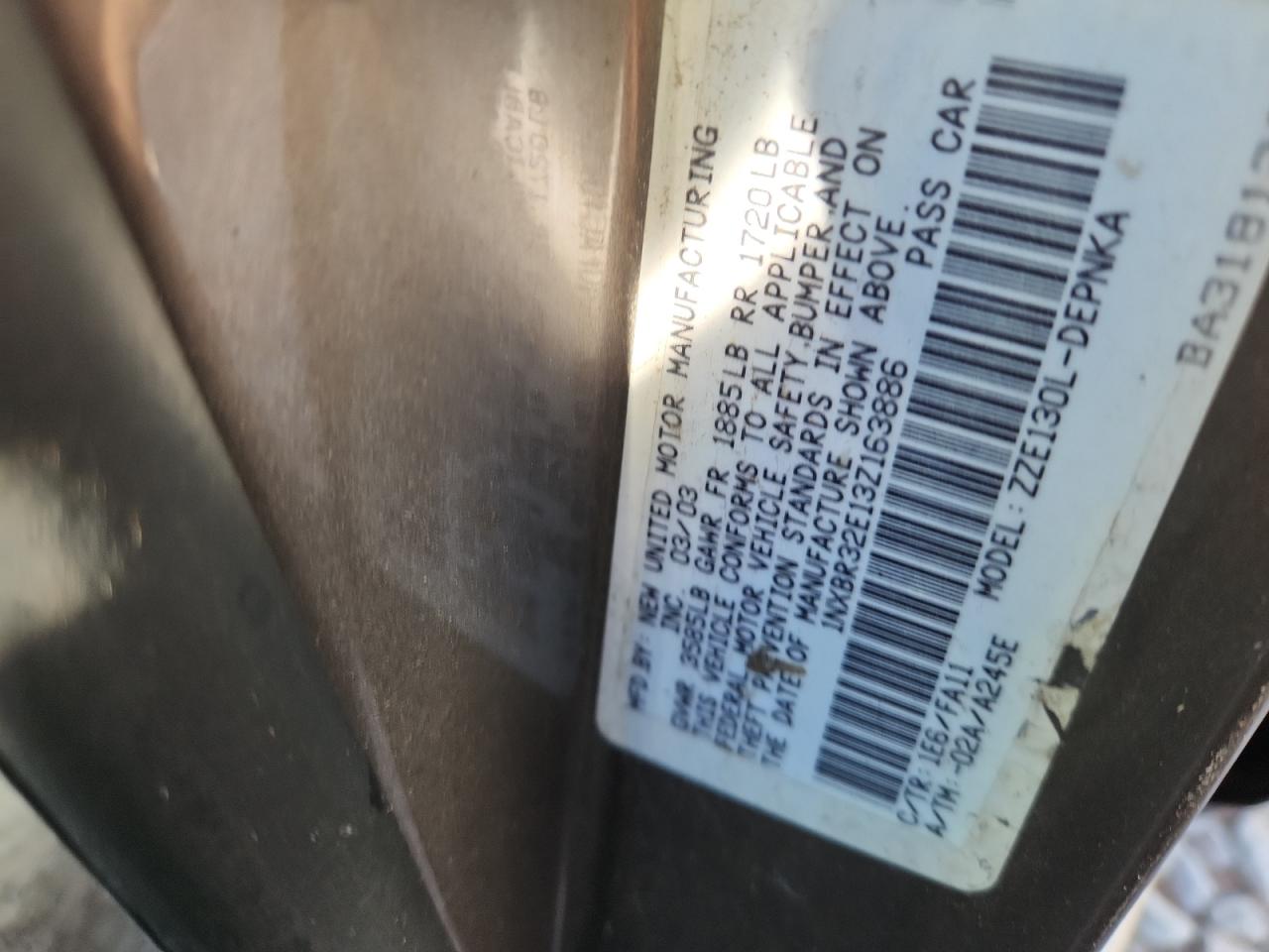 2003 Toyota Corolla Ce VIN: 1NXBR32E13Z163886 Lot: 84249655