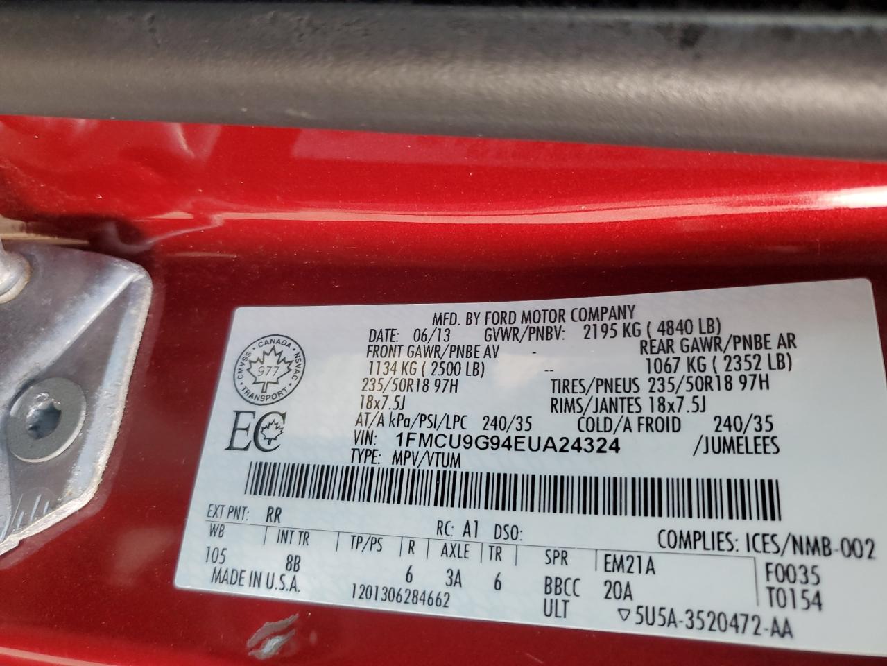 2014 Ford Escape Se VIN: 1FMCU9G94EUA24324 Lot: 80863205