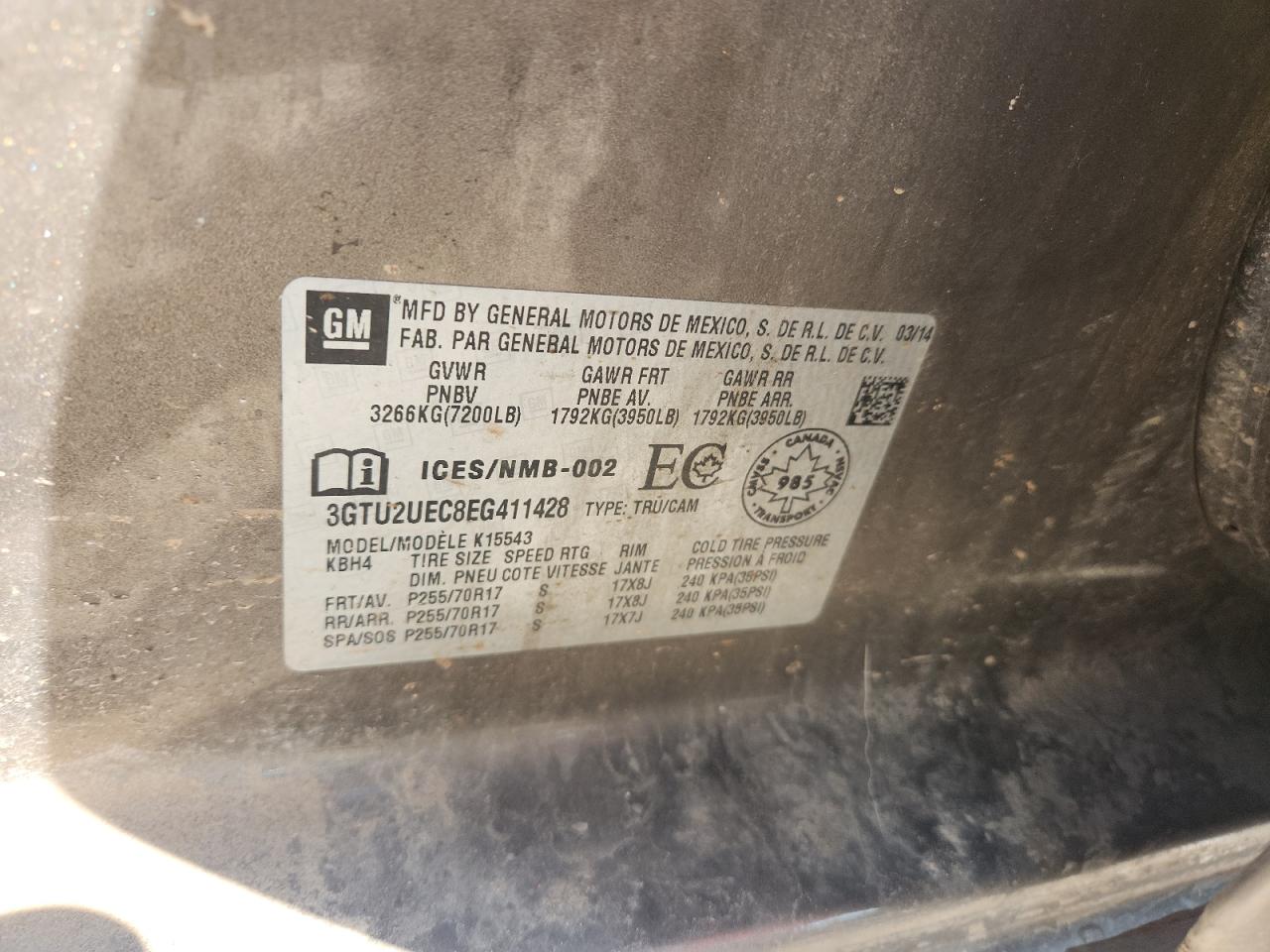 2014 GMC Sierra K1500 Sle VIN: 3GTU2UEC8EG411428 Lot: 72023875