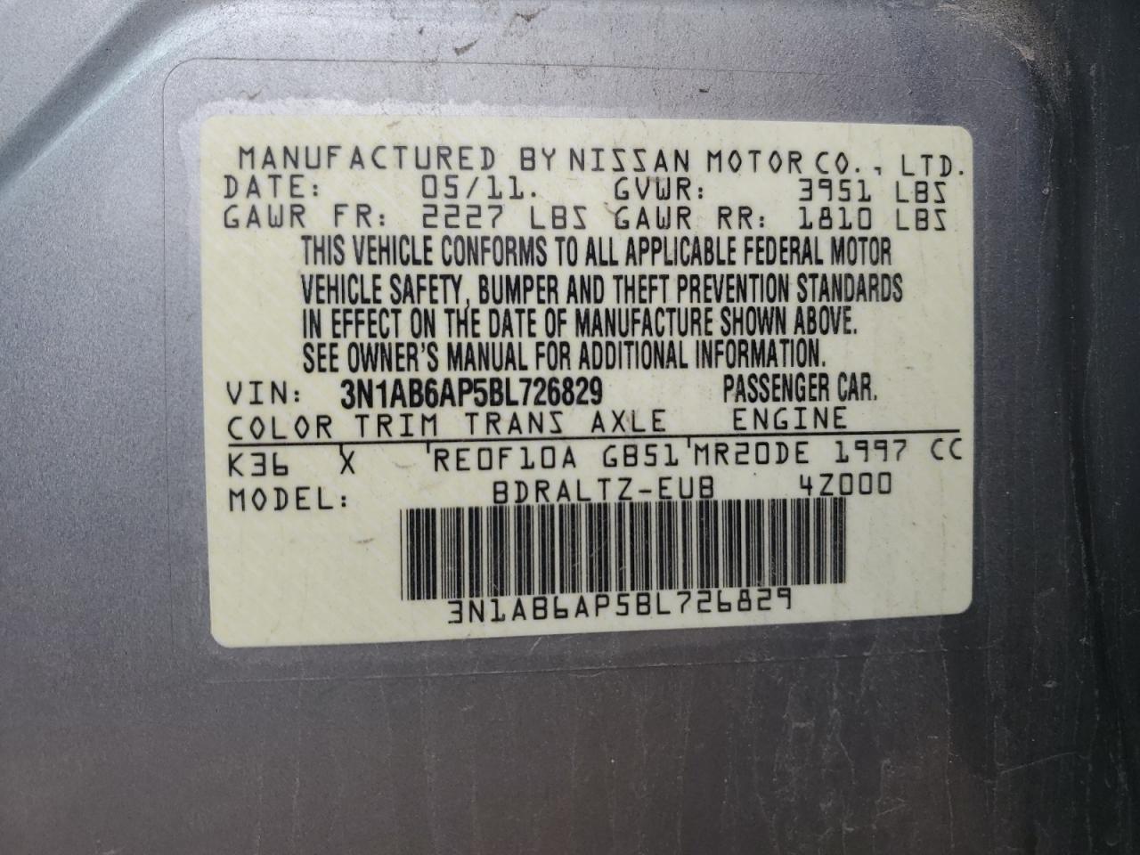 2011 Nissan Sentra 2.0 VIN: 3N1AB6AP5BL726829 Lot: 82081965