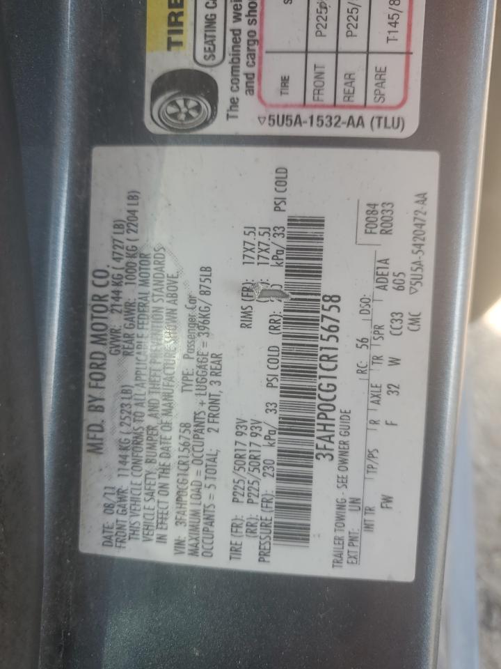 2012 Ford Fusion Sel VIN: 3FAHP0CG1CR156758 Lot: 71303345