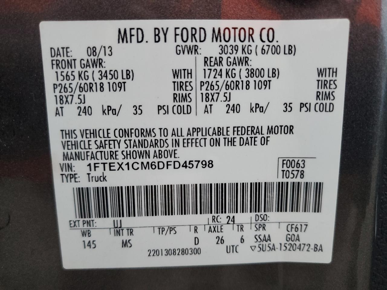 2013 Ford F150 Super Cab VIN: 1FTEX1CM6DFD45798 Lot: 71977775