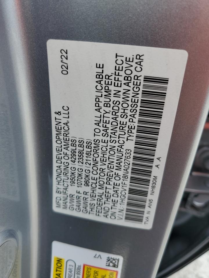 2022 Honda Accord Lx VIN: 1HGCV1F18NA027633 Lot: 80299055