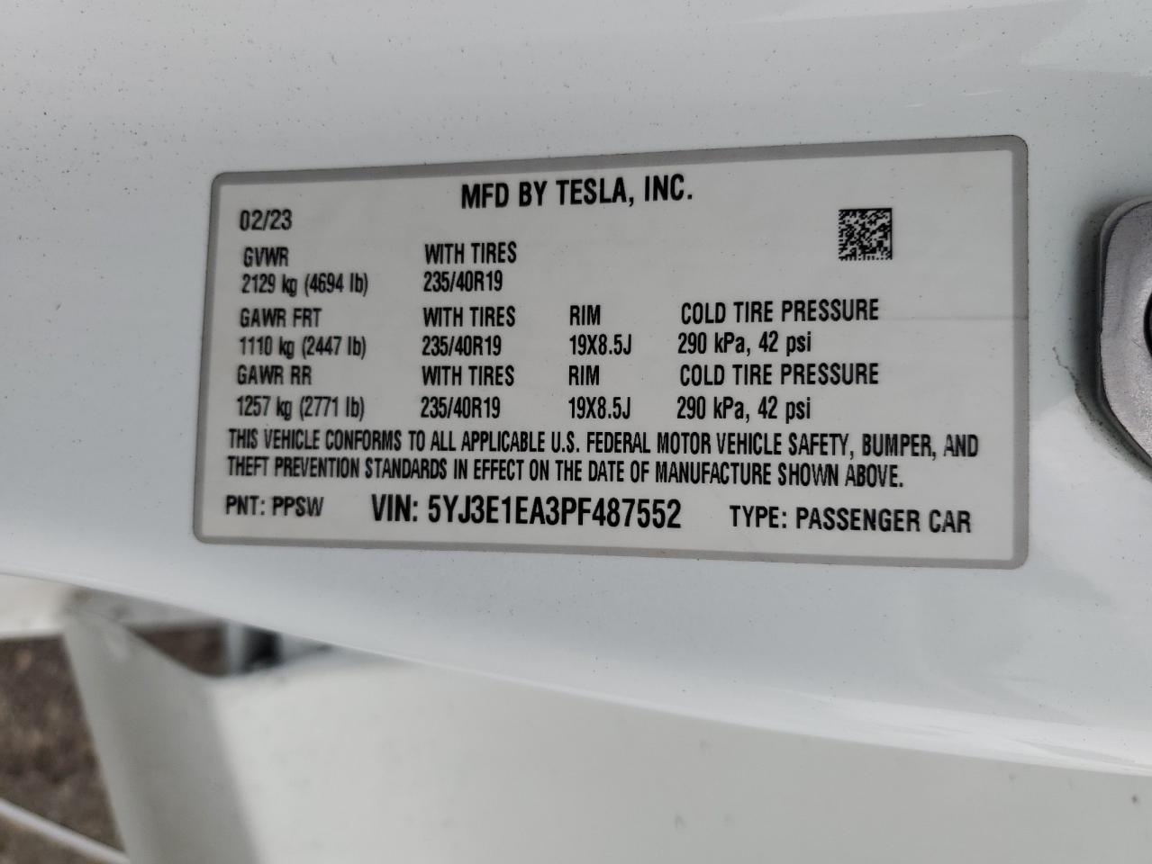 2023 Tesla Model 3 VIN: 5YJ3E1EA3PF487552 Lot: 84218955