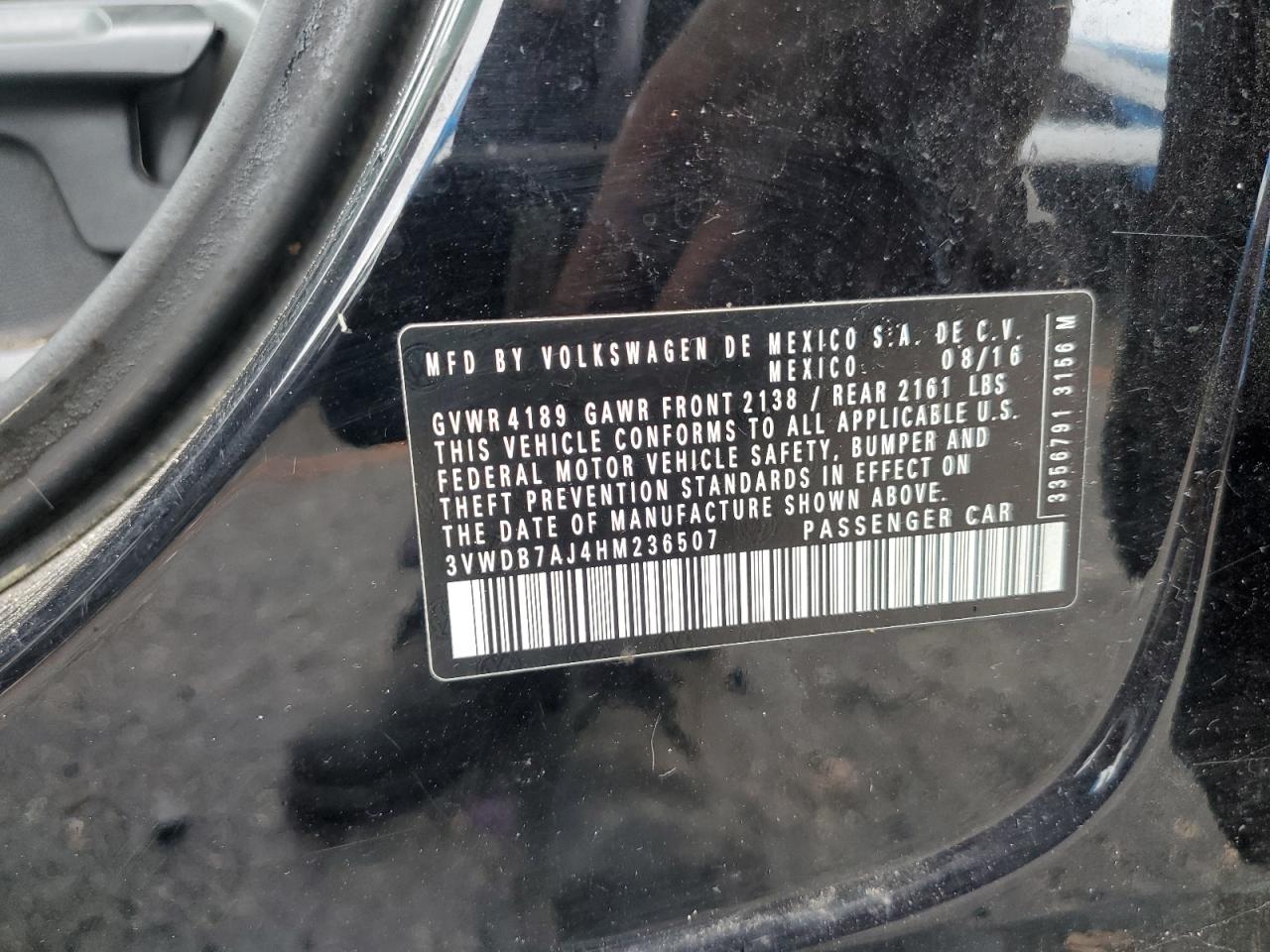 2017 Volkswagen Jetta Se VIN: 3VWDB7AJ4HM236507 Lot: 72026905