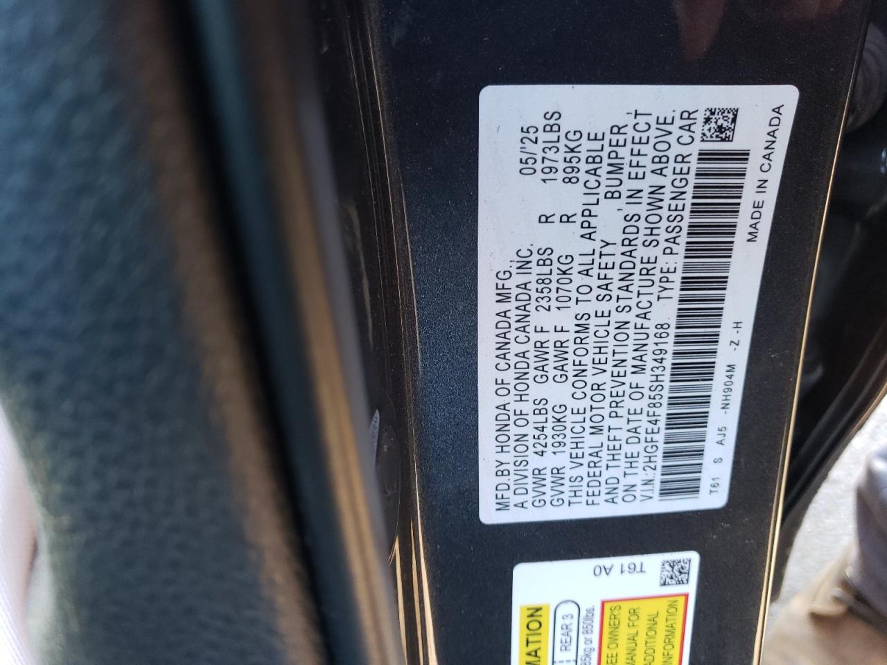 2025 Honda Civic Sport VIN: 2HGFE4F85SH349168 Lot: 84204825