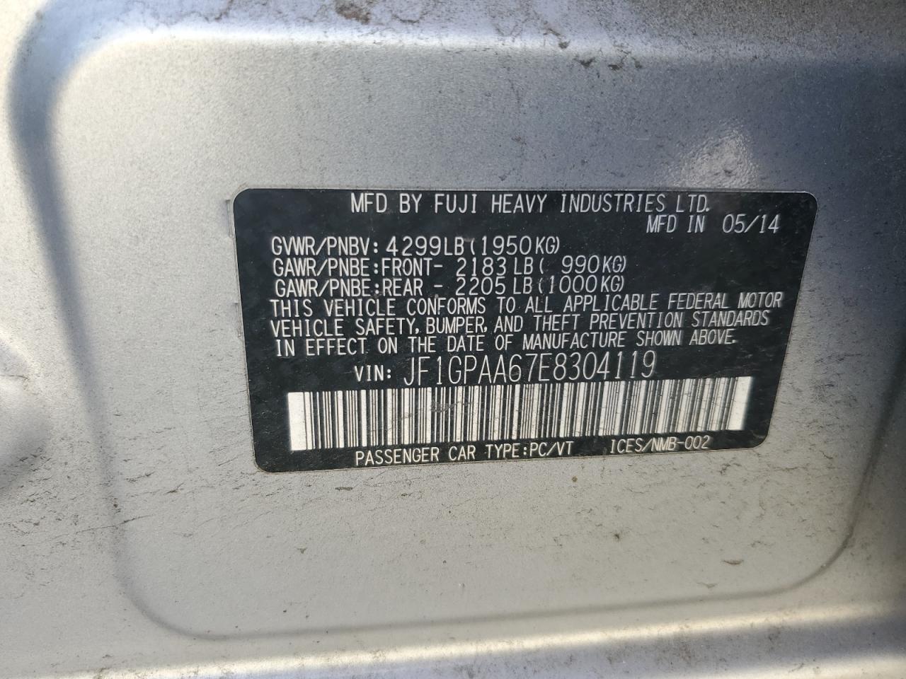 2014 Subaru Impreza VIN: JF1GPAA67E8304119 Lot: 71805525