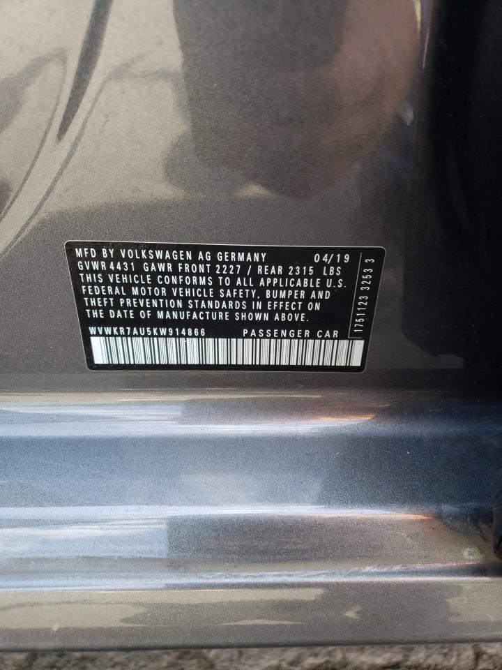 2019 Volkswagen E-Golf Se VIN: WVWKR7AU5KW914866 Lot: 69436195