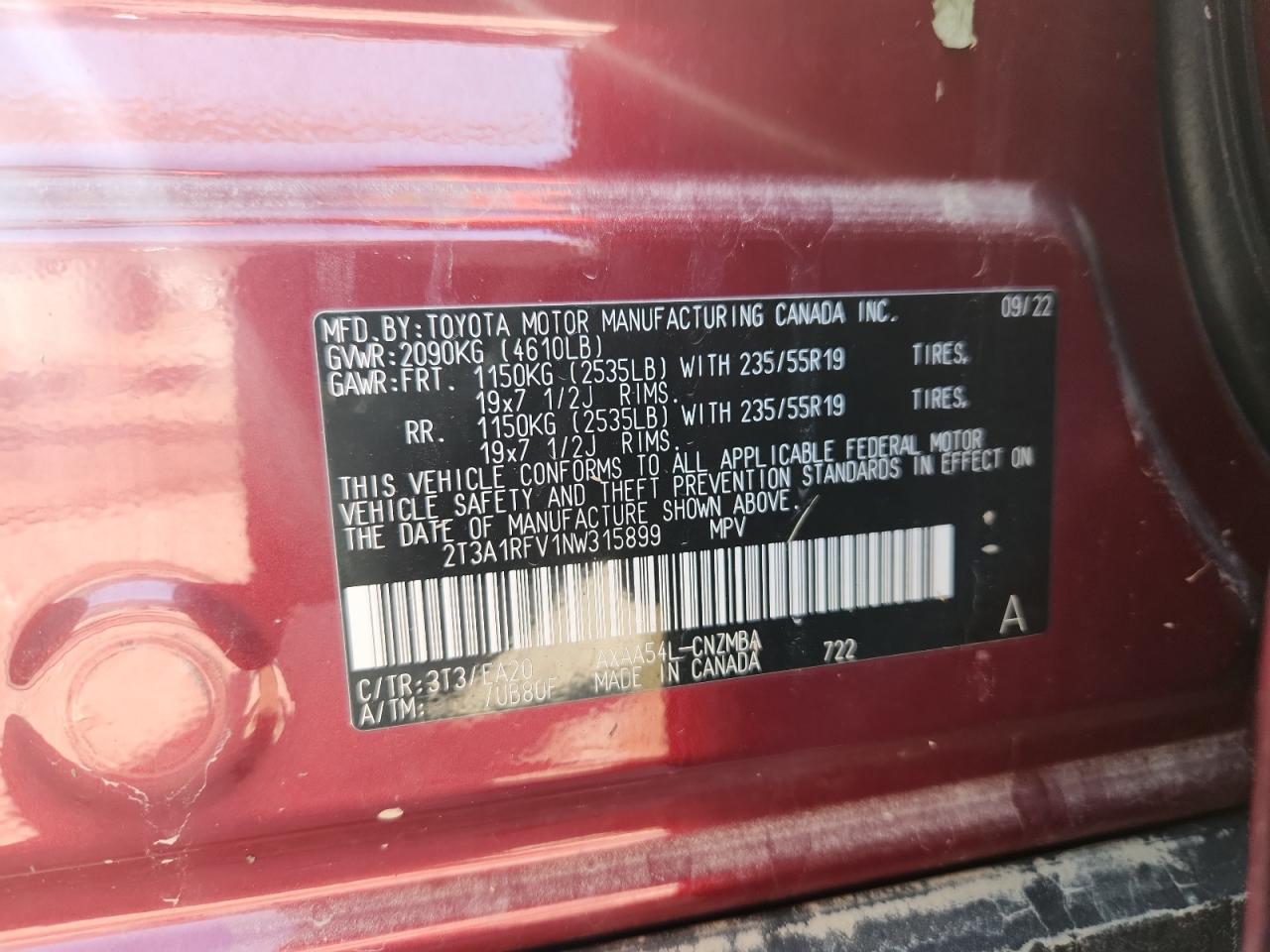 2022 Toyota Rav4 Xle Premium VIN: 2T3A1RFV1NW315899 Lot: 71549805