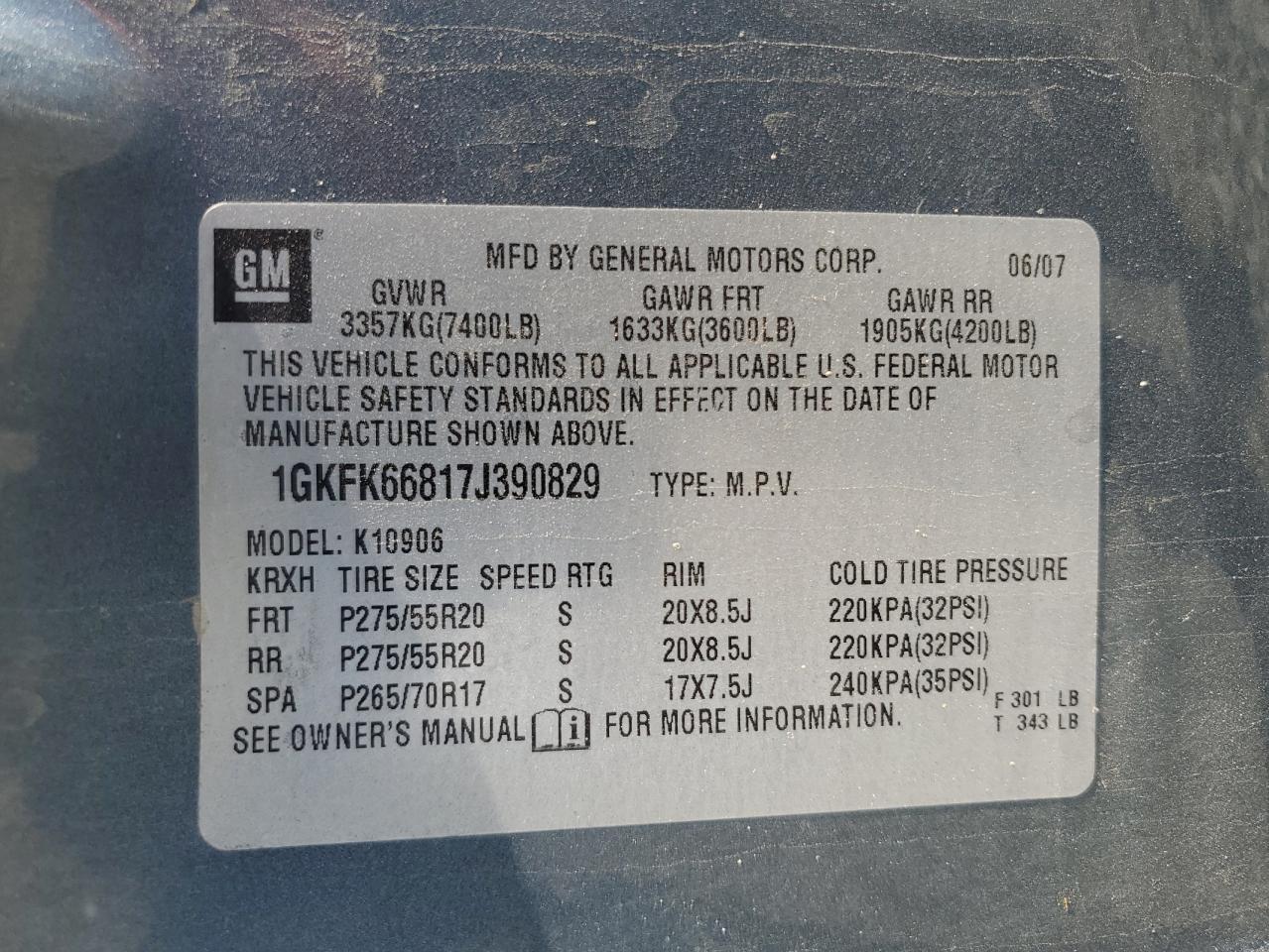 2007 GMC Yukon Xl Denali VIN: 1GKFK66817J390829 Lot: 80716655