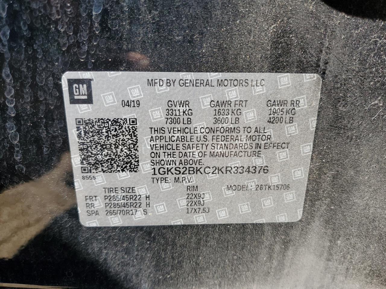 2019 GMC Yukon Slt VIN: 1GKS2BKC2KR334376 Lot: 83866935