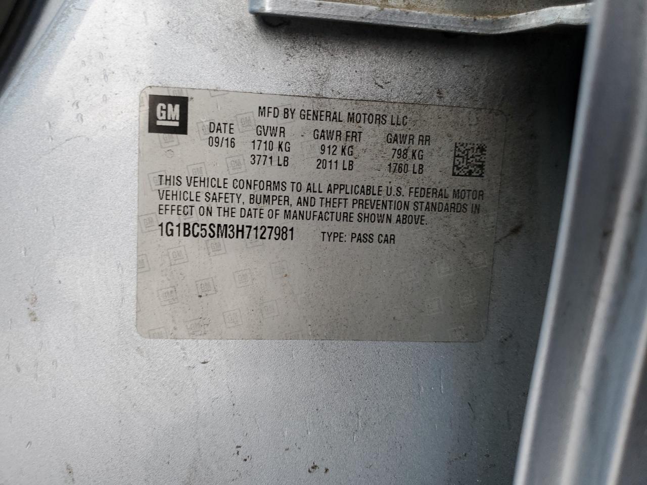 2017 Chevrolet Cruze Ls VIN: 1G1BC5SM3H7127981 Lot: 80873595