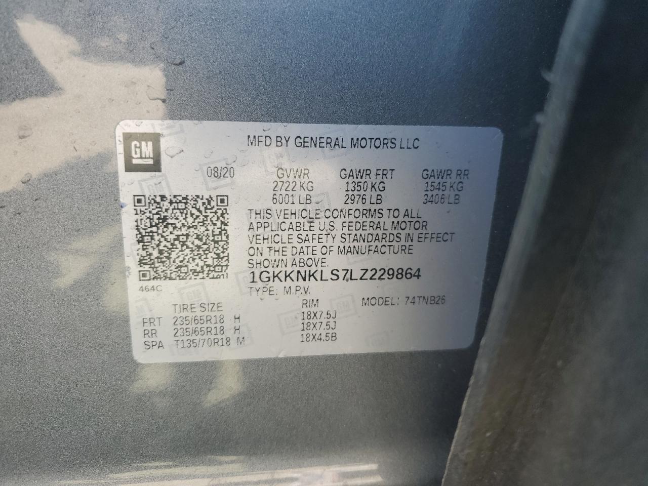 2020 GMC Acadia Sle VIN: 1GKKNKLS7LZ229864 Lot: 71727305