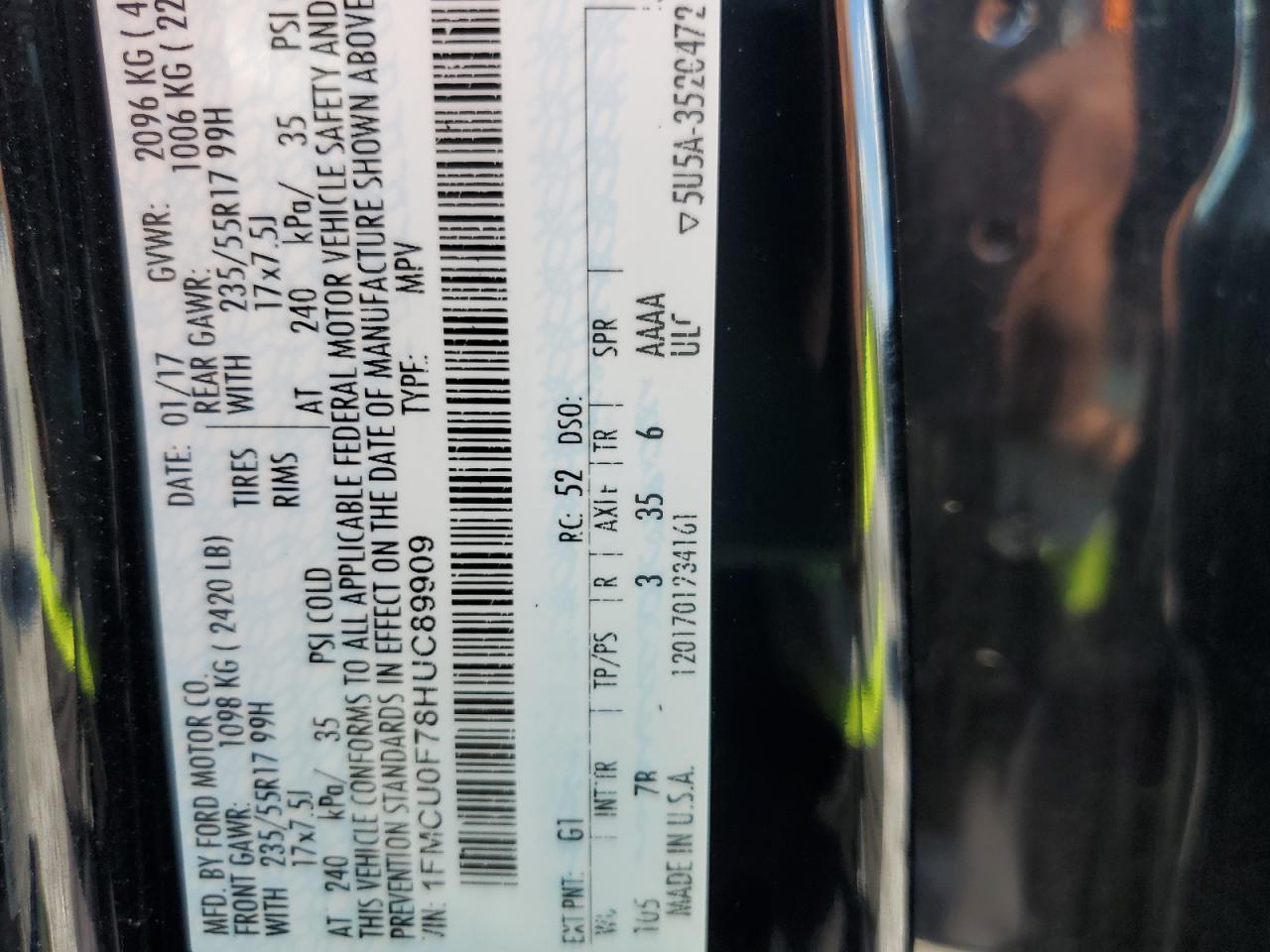 2017 Ford Escape S VIN: 1FMCU0F78HUC89909 Lot: 81843185