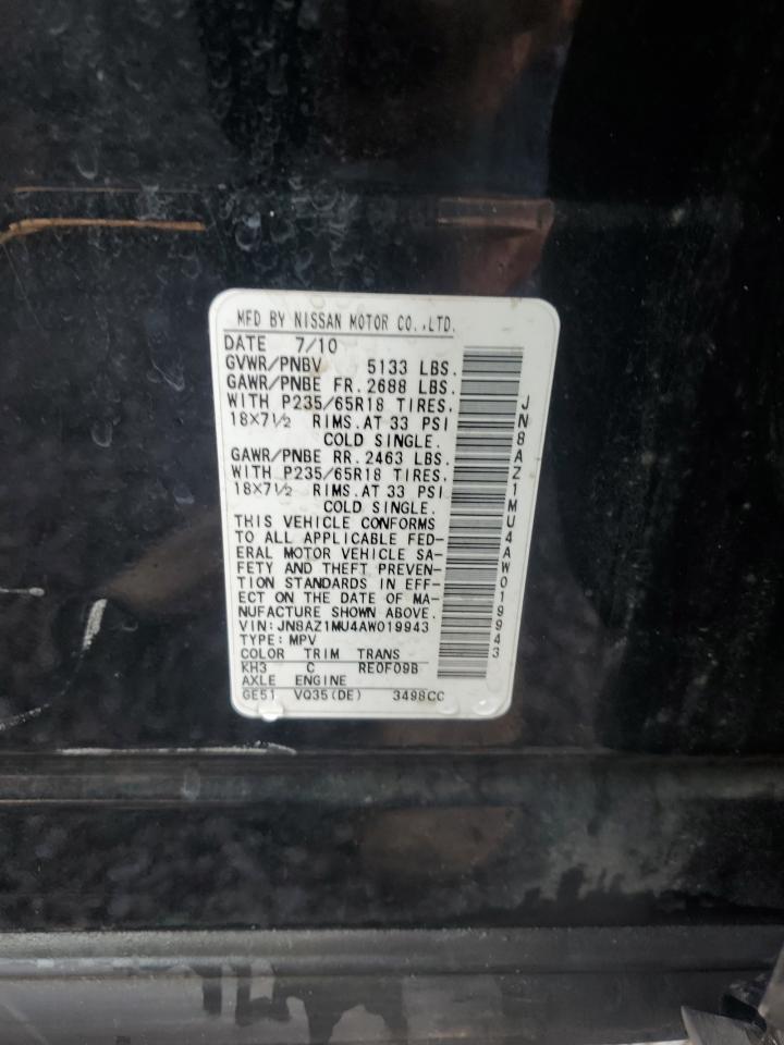 2010 Nissan Murano S VIN: JN8AZ1MU4AW019943 Lot: 80791145