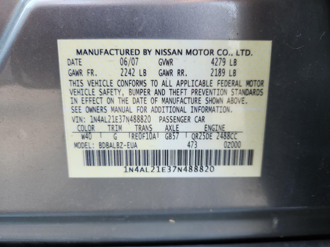 2007 Nissan Altima 2.5 VIN: 1N4AL21E37N488820 Lot: 70880335