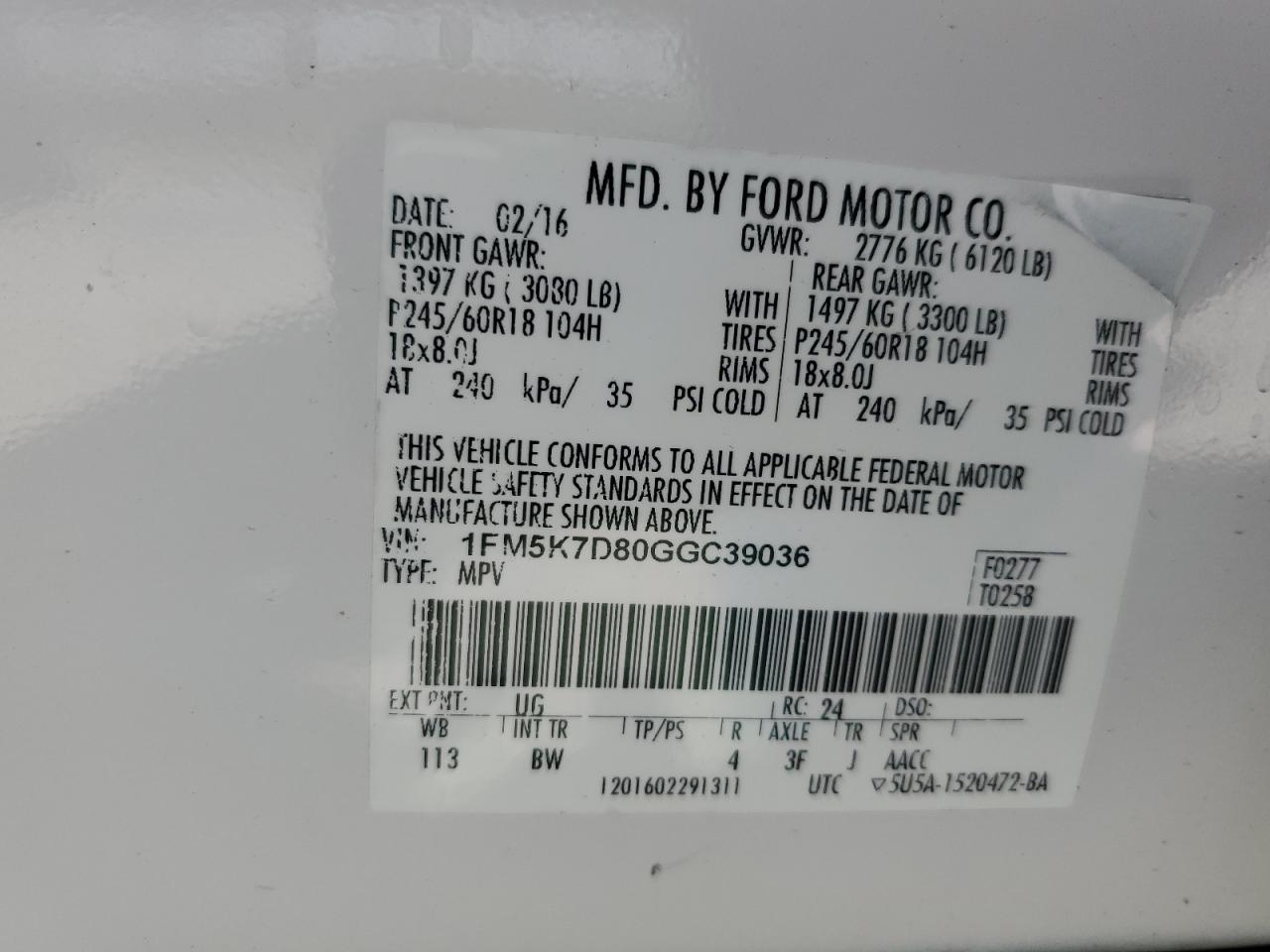 2016 Ford Explorer Xlt VIN: 1FM5K7D80GGC39036 Lot: 80810145