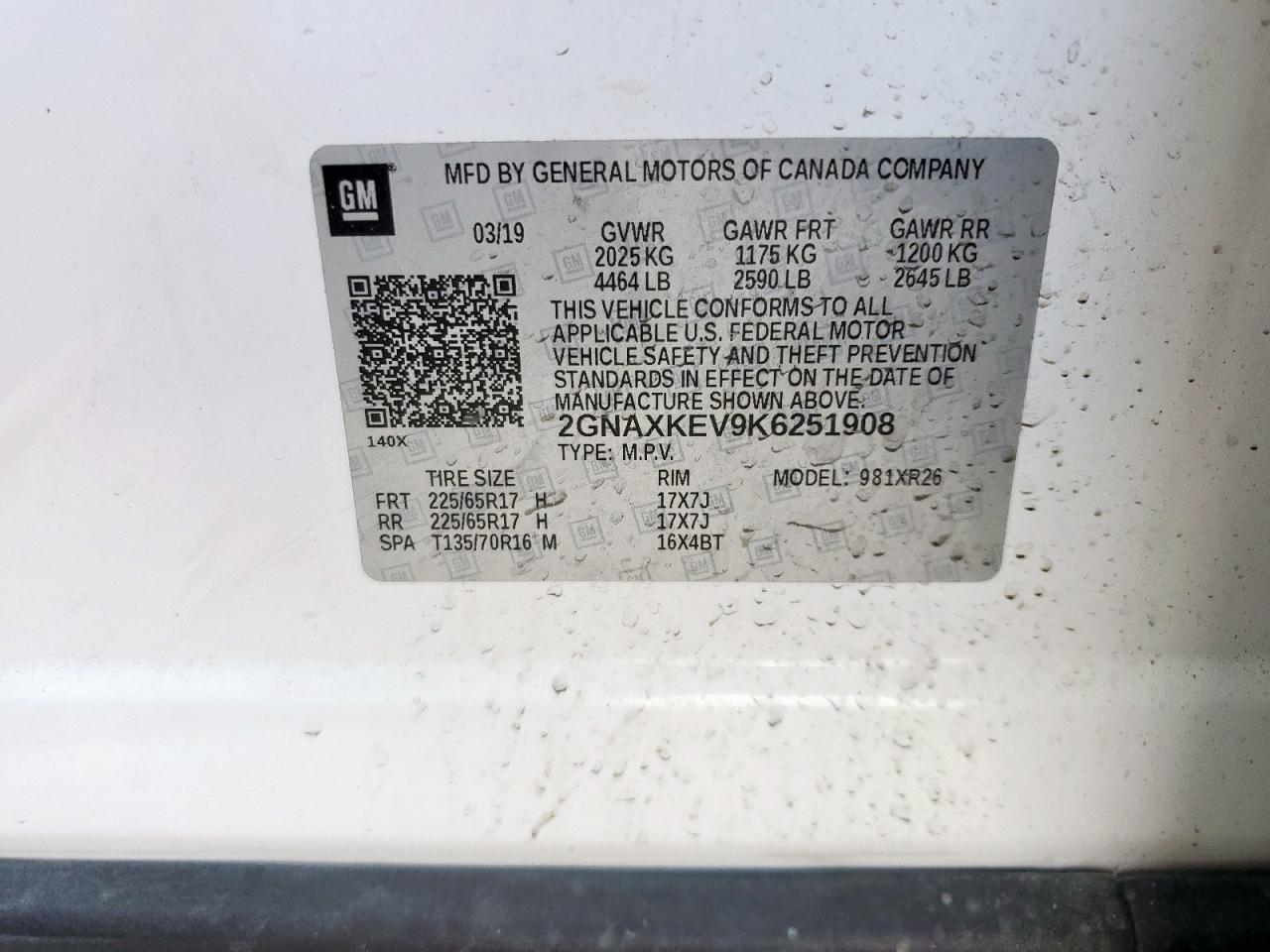 2019 Chevrolet Equinox Lt VIN: 2GNAXKEV9K6251908 Lot: 84656265