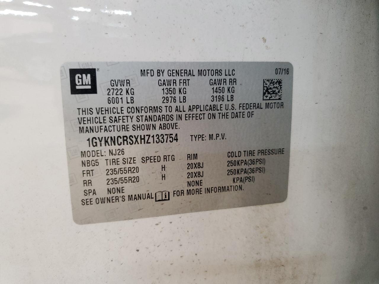 2017 Cadillac Xt5 Premium Luxury VIN: 1GYKNCRSXHZ133754 Lot: 81744635