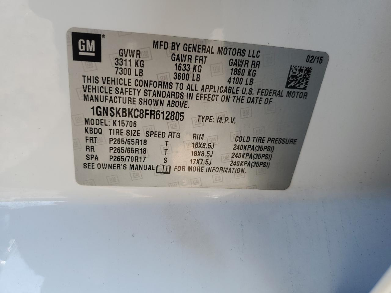 2015 Chevrolet Tahoe K1500 Lt VIN: 1GNSKBKC8FR612805 Lot: 81807915