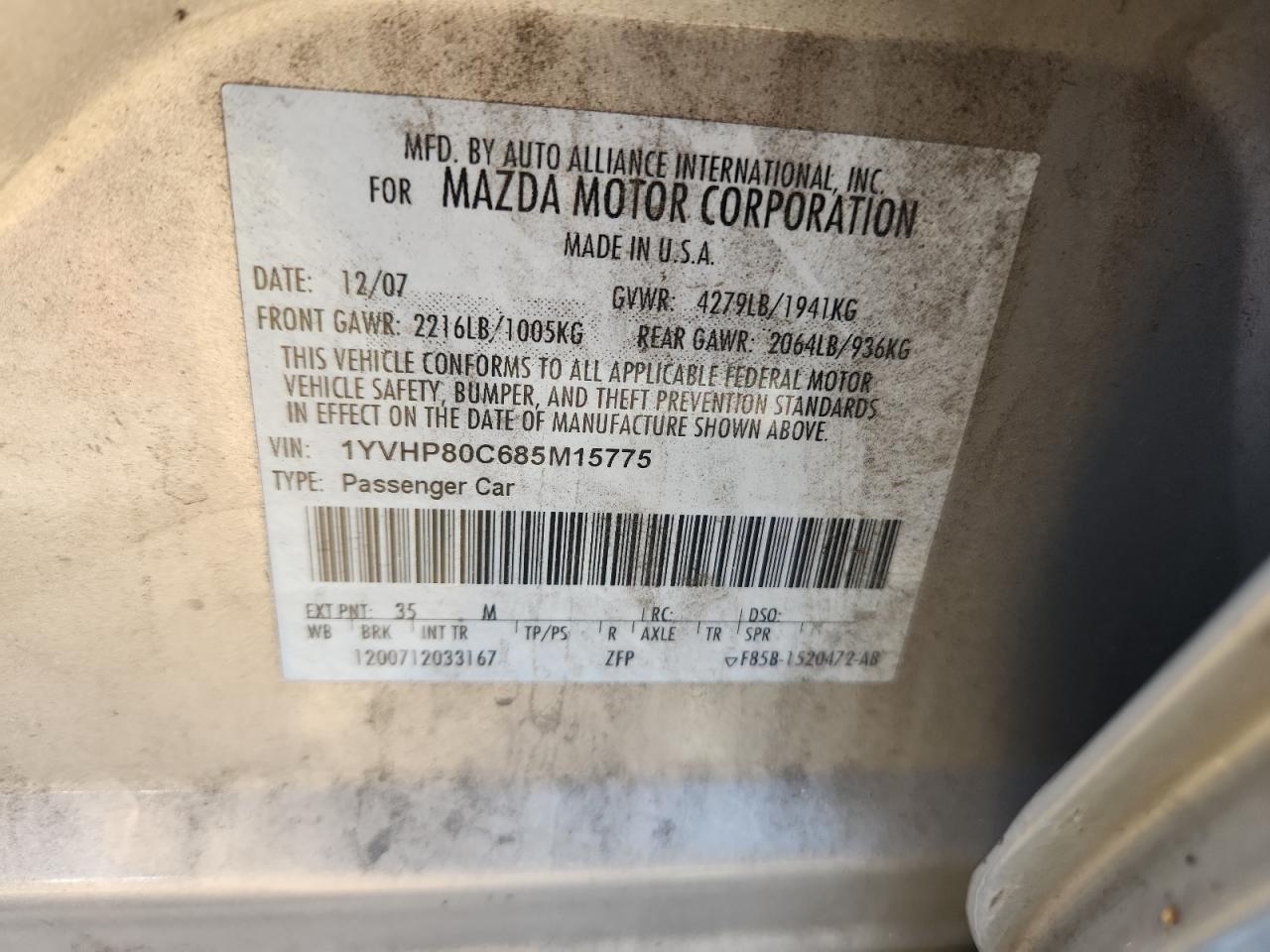 2008 Mazda 6 I VIN: 1YVHP80C685M15775 Lot: 71289575