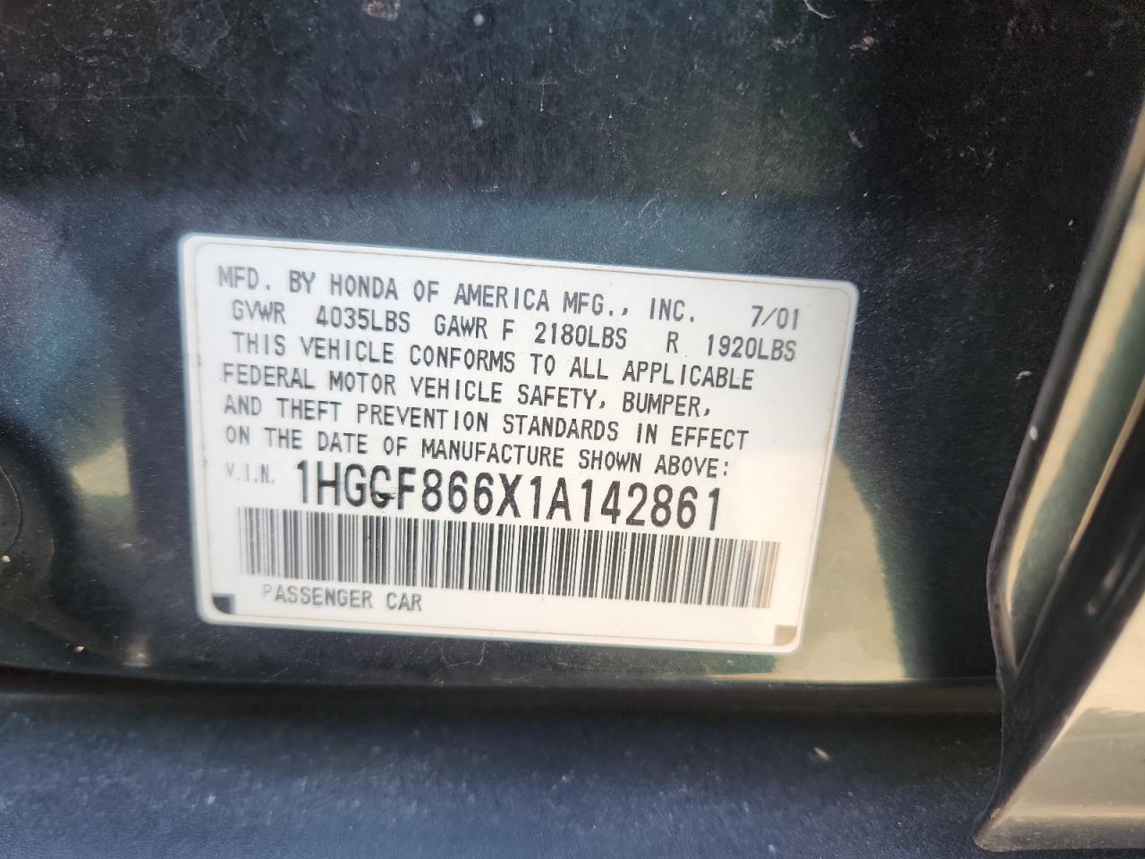 2001 Honda Accord Value VIN: 1HGCF866X1A142861 Lot: 69979555