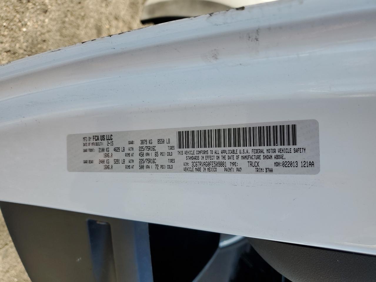 2015 Ram Promaster 1500 1500 Standard VIN: 3C6TRVAG0FE509881 Lot: 84024885