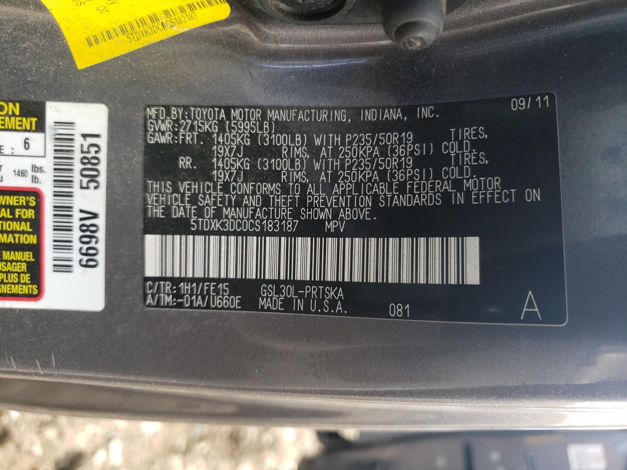 2012 Toyota Sienna Sport VIN: 5TDXK3DC0CS183187 Lot: 84005925