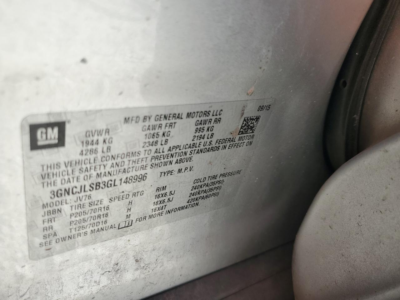 2016 Chevrolet Trax 1Lt VIN: 3GNCJLSB3GL148996 Lot: 84029895