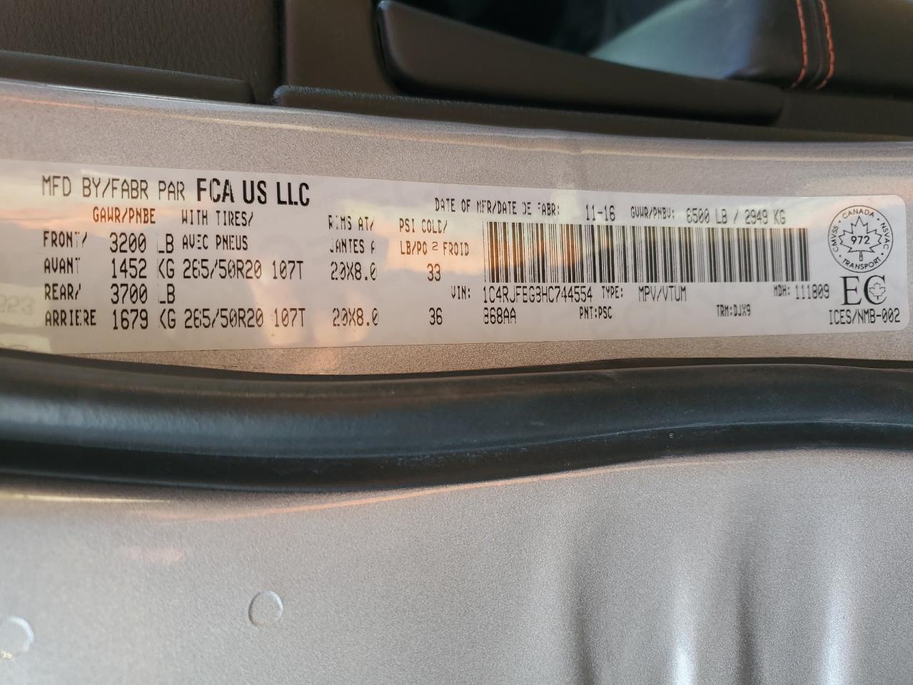 2017 Jeep Grand Cherokee Limited VIN: 1C4RJFBG8HC744554 Lot: 71392185