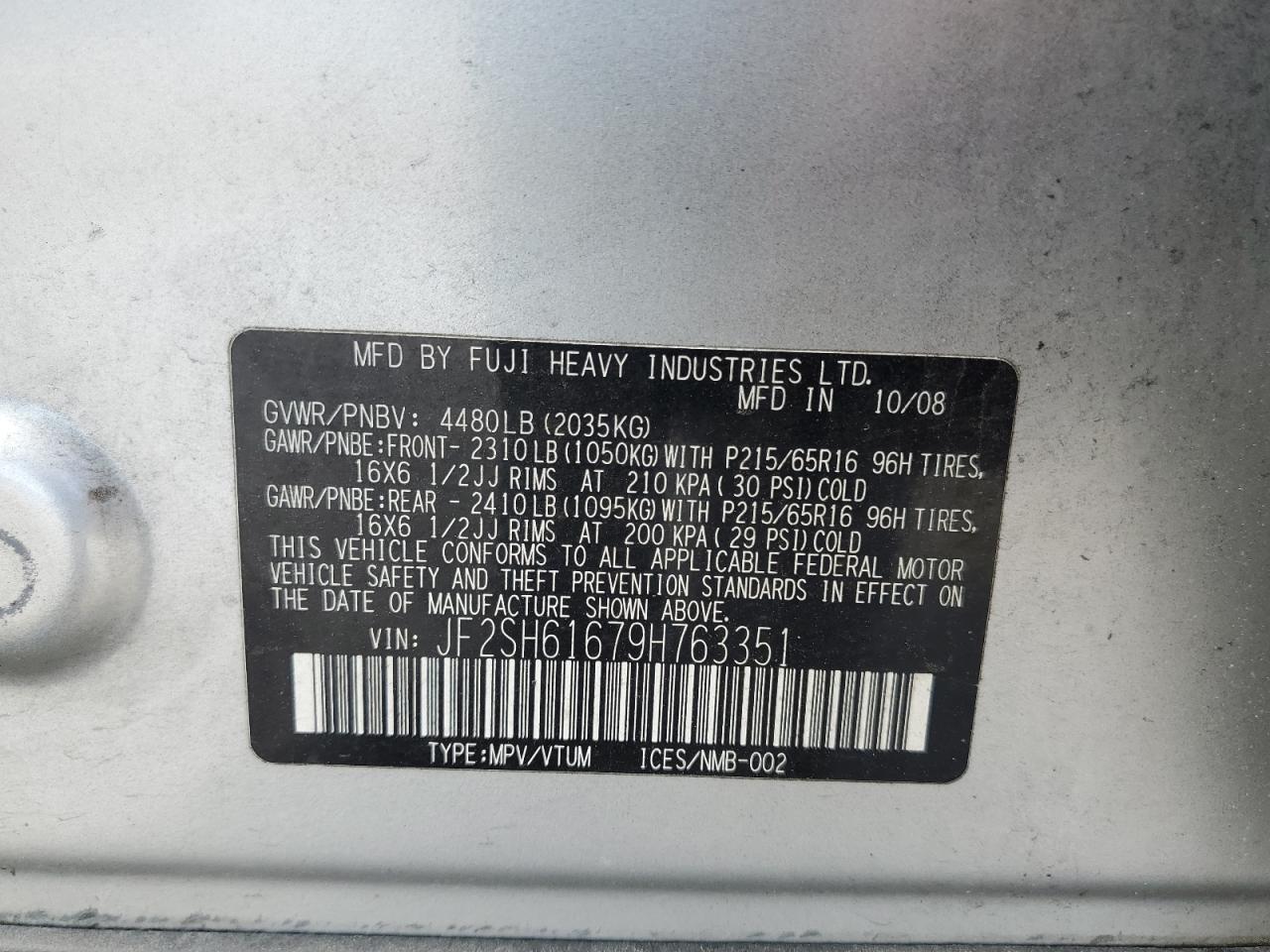 2009 Subaru Forester 2.5X VIN: JF2SH61679H763351 Lot: 71628485