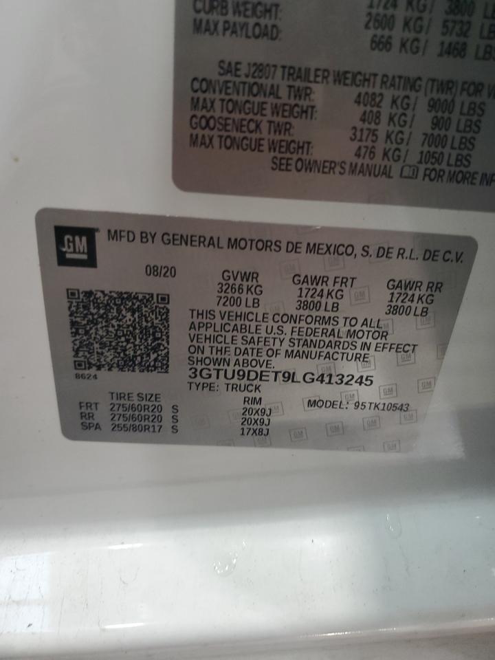 2020 GMC Sierra K1500 Slt VIN: 3GTU9DET9LG413245 Lot: 82076705