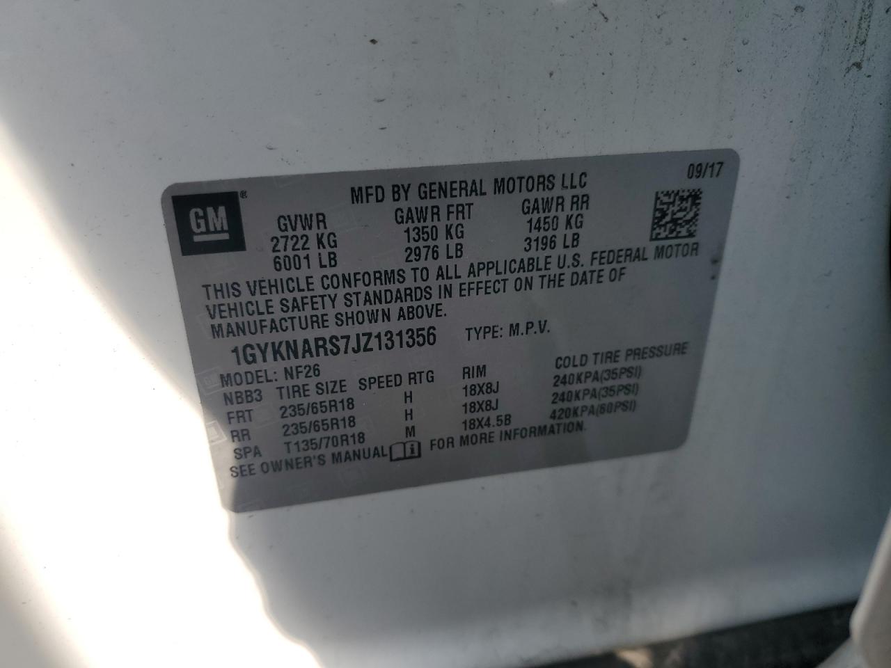 2018 Cadillac Xt5 VIN: 1GYKNARS7JZ131356 Lot: 81085225