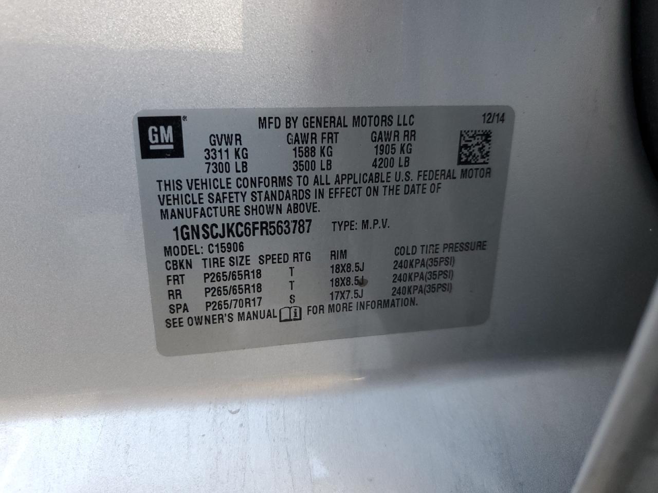 2015 Chevrolet Suburban C1500 Lt VIN: 1GNSCJKC6FR563787 Lot: 80755075