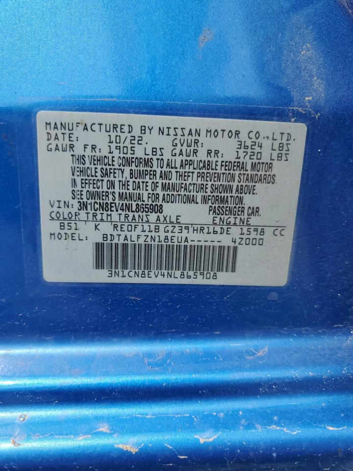 2022 Nissan Versa Sv VIN: 3N1CN8EV4NL865908 Lot: 71007475