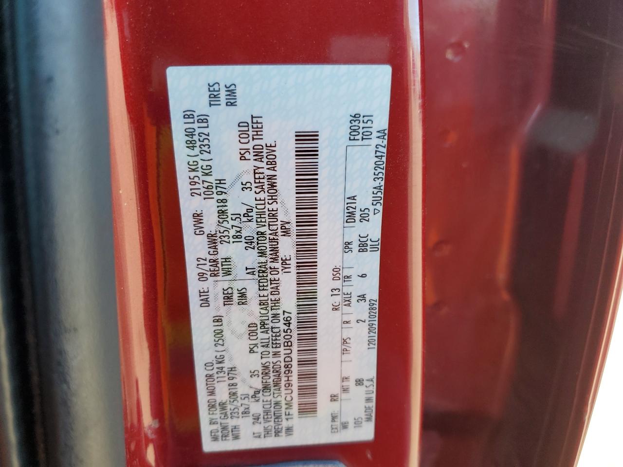 2013 Ford Escape Sel VIN: 1FMCU9H98DUB05467 Lot: 81154915