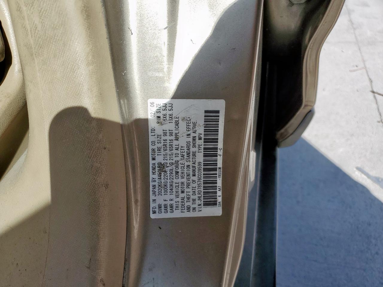 2006 Honda Cr-V Lx VIN: JHLRD78576C039599 Lot: 82133845