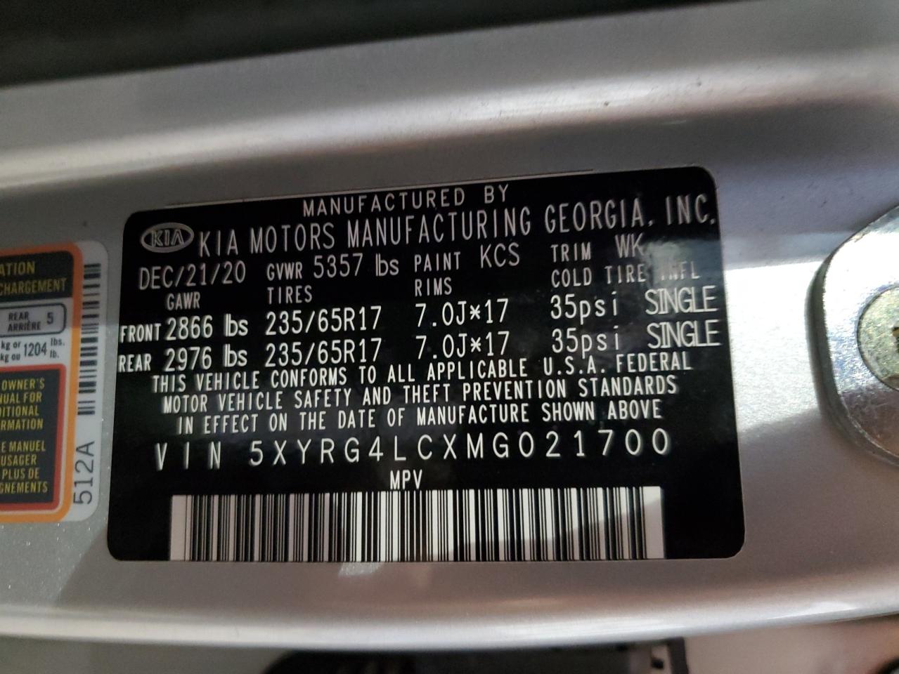 2021 Kia Sorento Lx VIN: 5XYRG4LCXMG021700 Lot: 81026475