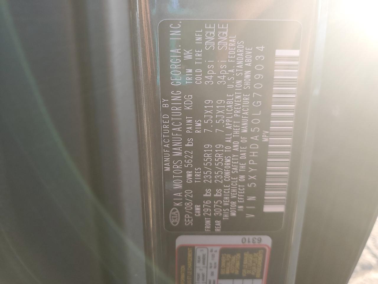 2020 Kia Sorento Ex VIN: 5XYPHDA50LG709034 Lot: 80615515
