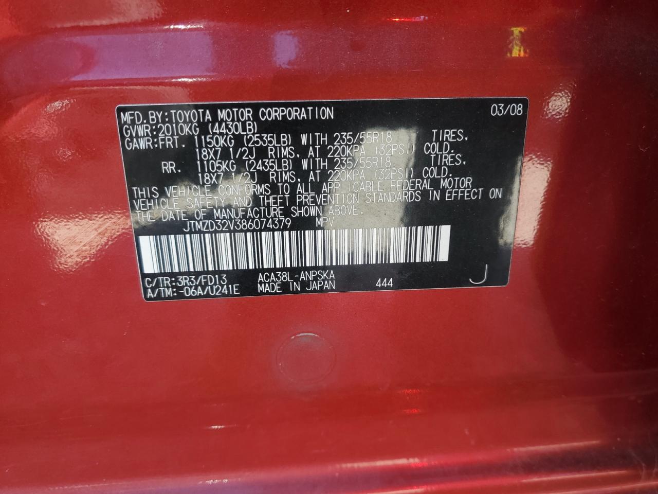 2008 Toyota Rav4 Sport VIN: JTMZD32V386074379 Lot: 84236685