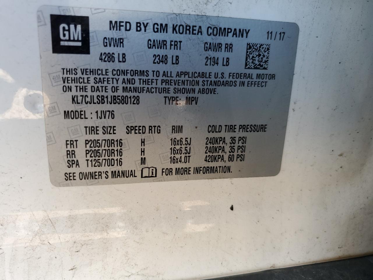 2018 Chevrolet Trax 1Lt VIN: KL7CJLSB1JB580128 Lot: 80656635